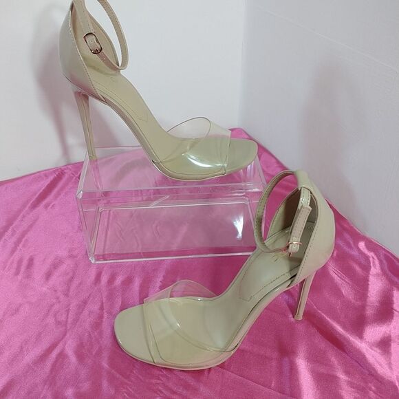 Aldo Beige SZ 7.5 Nude Faux Patent Strappy Dress Sandals 4" High Heels - Picture 4 of 9
